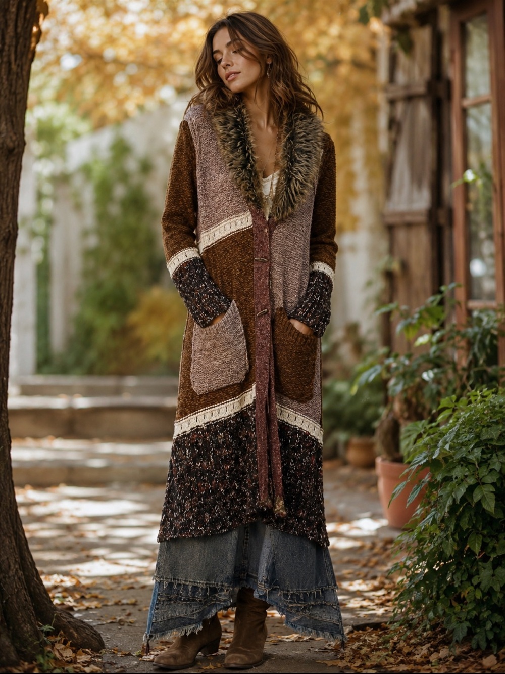 Angel of the North Patchwork Knit Long Cardigan Faux Fur Collar Brown Size Large